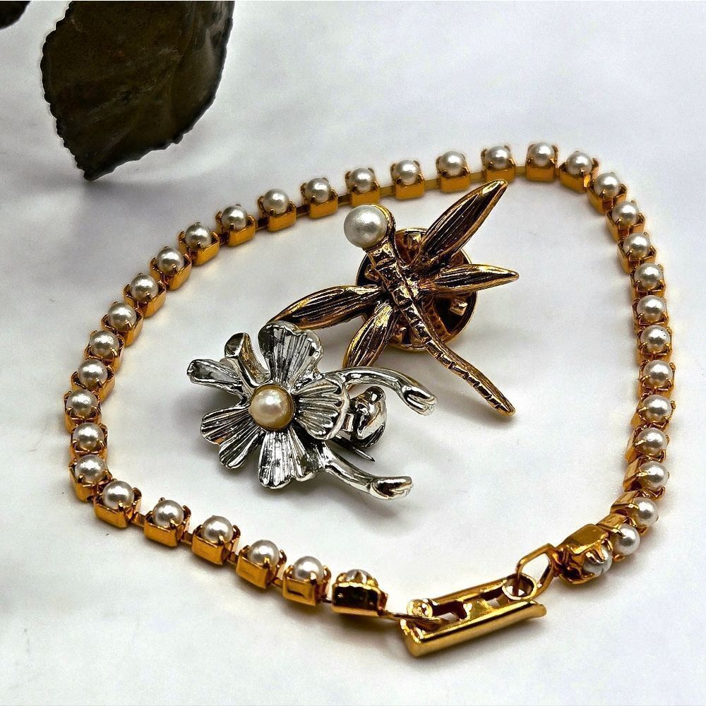 "5/$25" Bracelet and 2 Pins Brooches, Dragonfly, Wishbone Faux Pear Jewelry